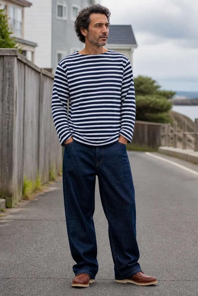 Striped mariner tee with navy baggy denim and brown lace-up boots