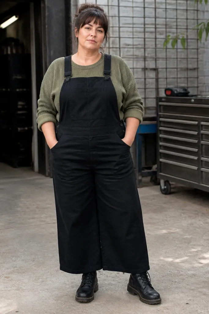 Olive knit sweater under black overalls with chunky boots