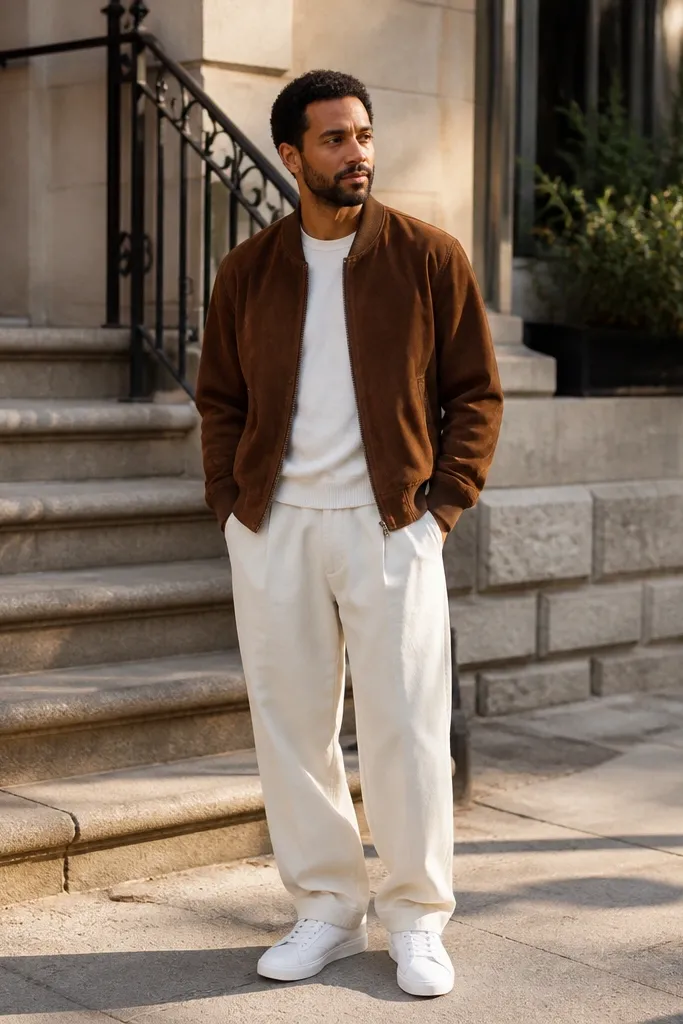Brown suede bomber with cream baggy trousers and dark loafers