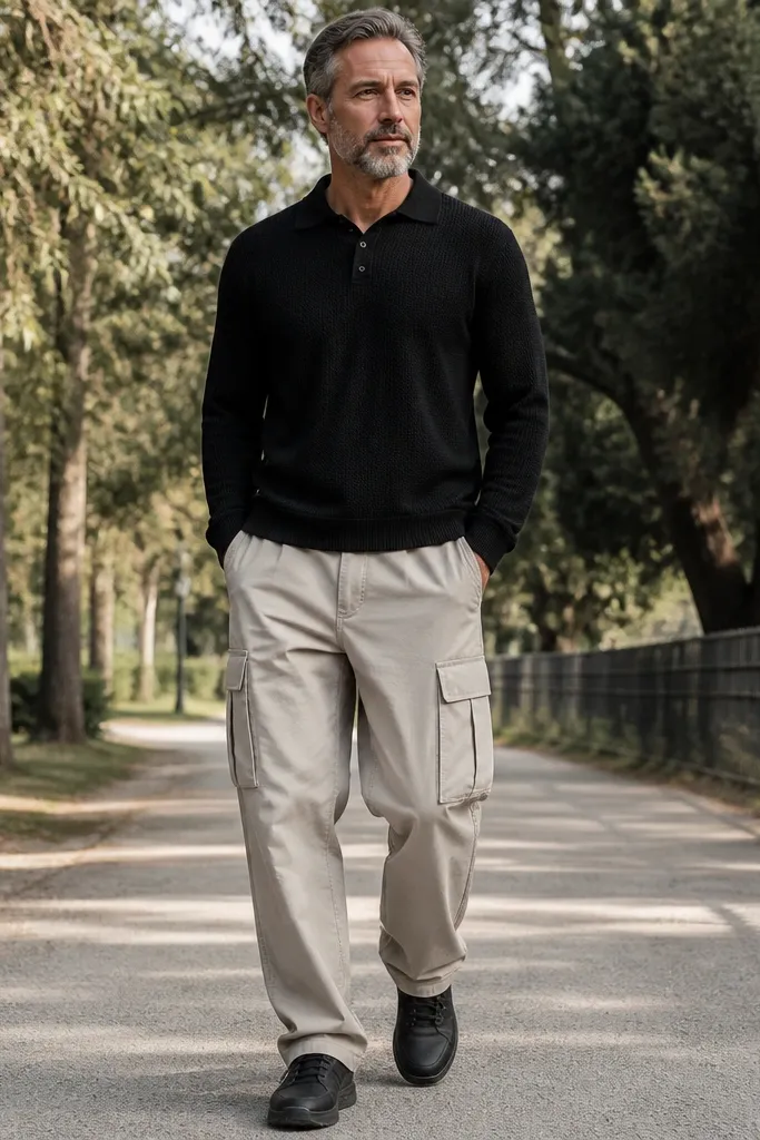 Black knit polo with stone baggy cargo pants and black trainers