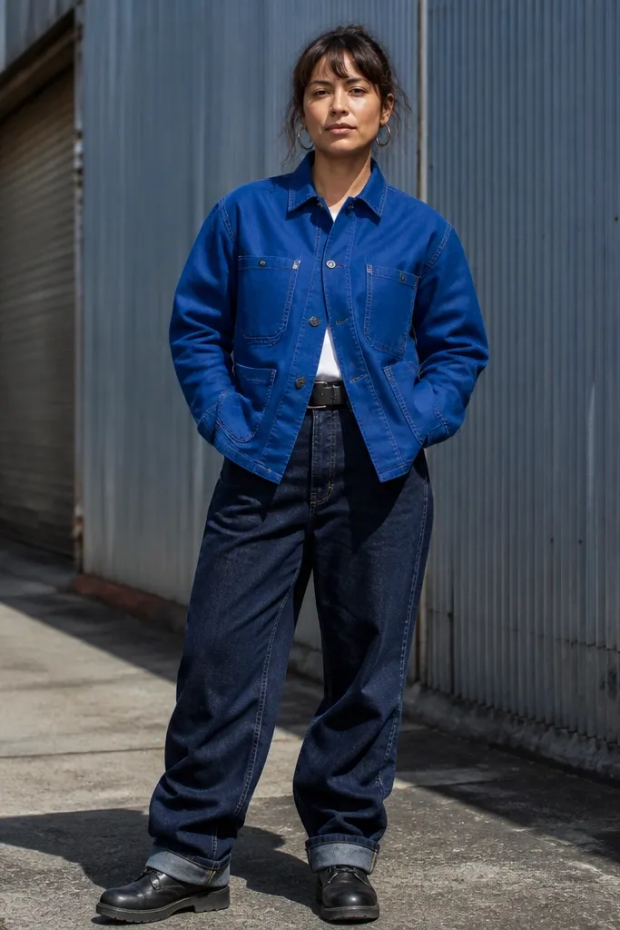 Cobalt chore jacket with dark indigo baggy jeans and black boots