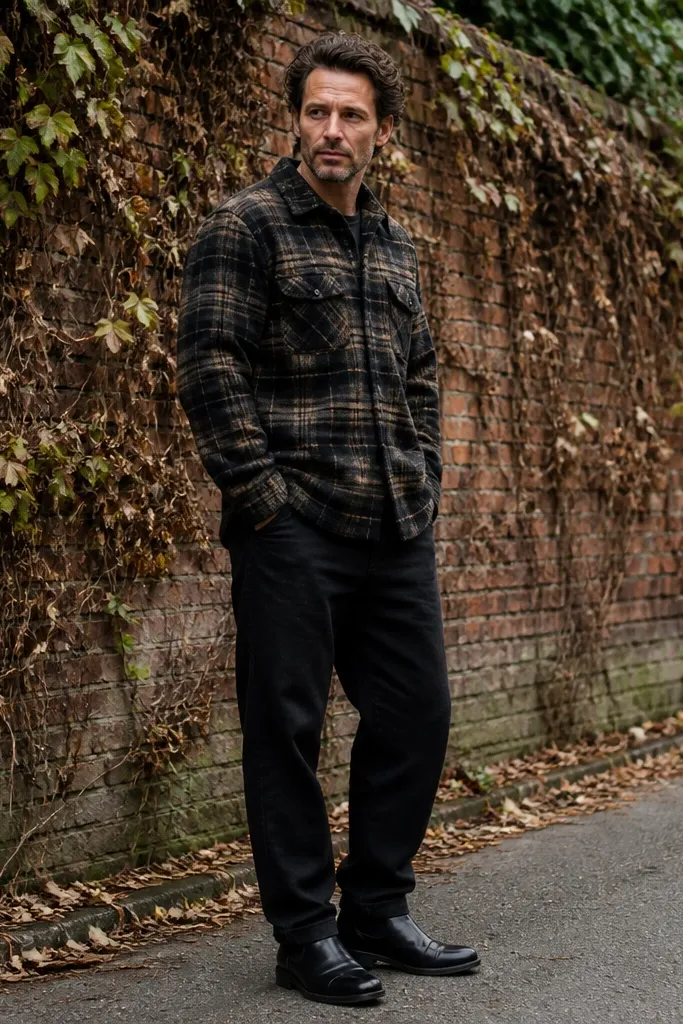 Plaid flannel with black baggy jeans and brown Chelsea boots