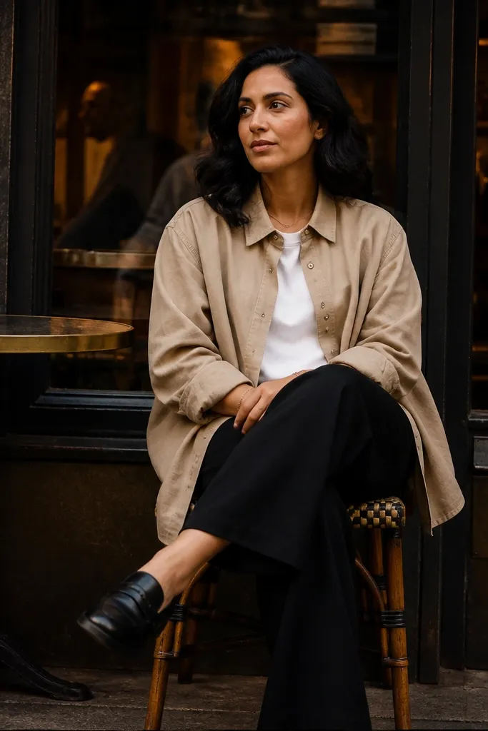 Sand overshirt over white tee with black baggy trousers and black boots