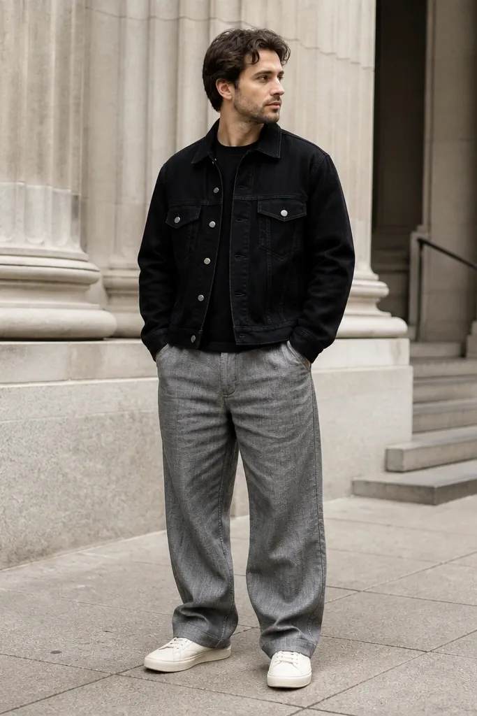 Black denim jacket with grey marl wide-leg jeans and black sneakers