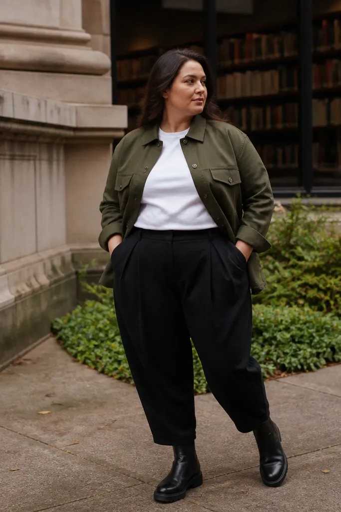 White tee under olive overshirt with black barrel pants and tan boots