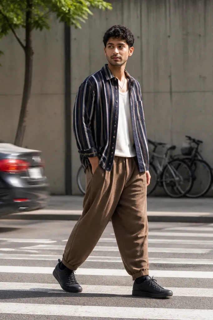 Striped overshirt with mocha baggy trousers and dark sneakers