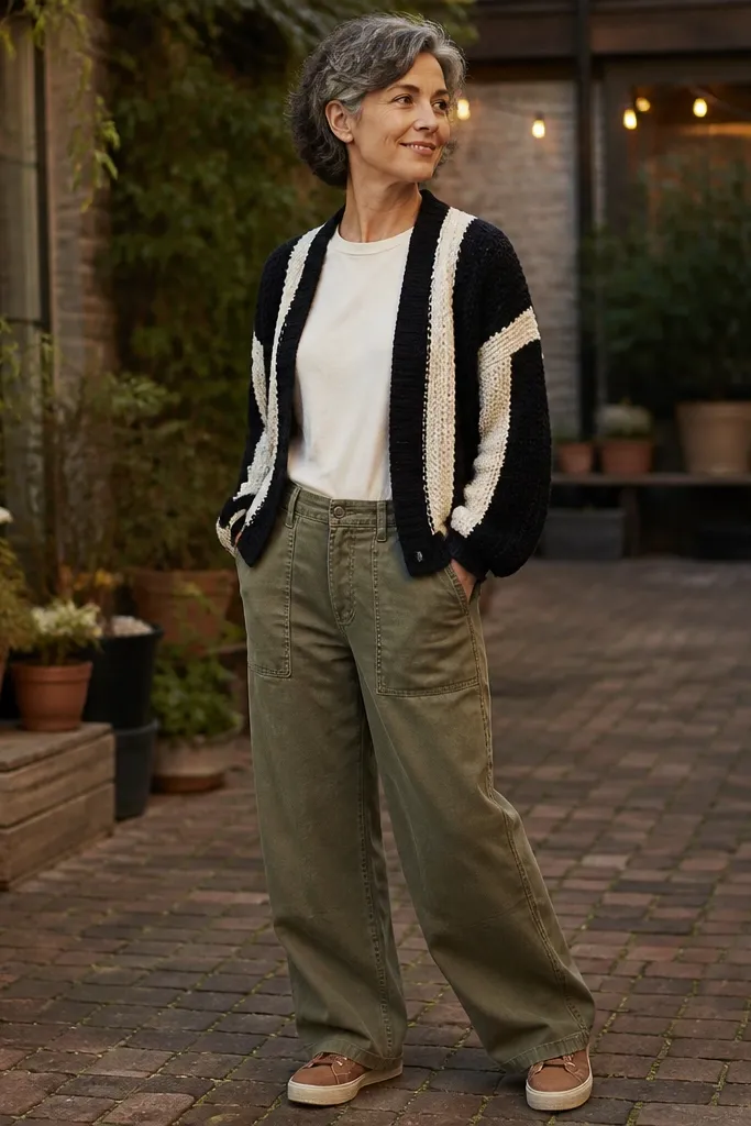 Cardigan over olive wide baggy jeans with brown boots