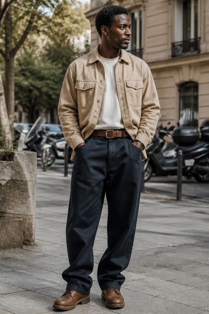 Sand overshirt over dark ink baggy jeans with brown belt and boots