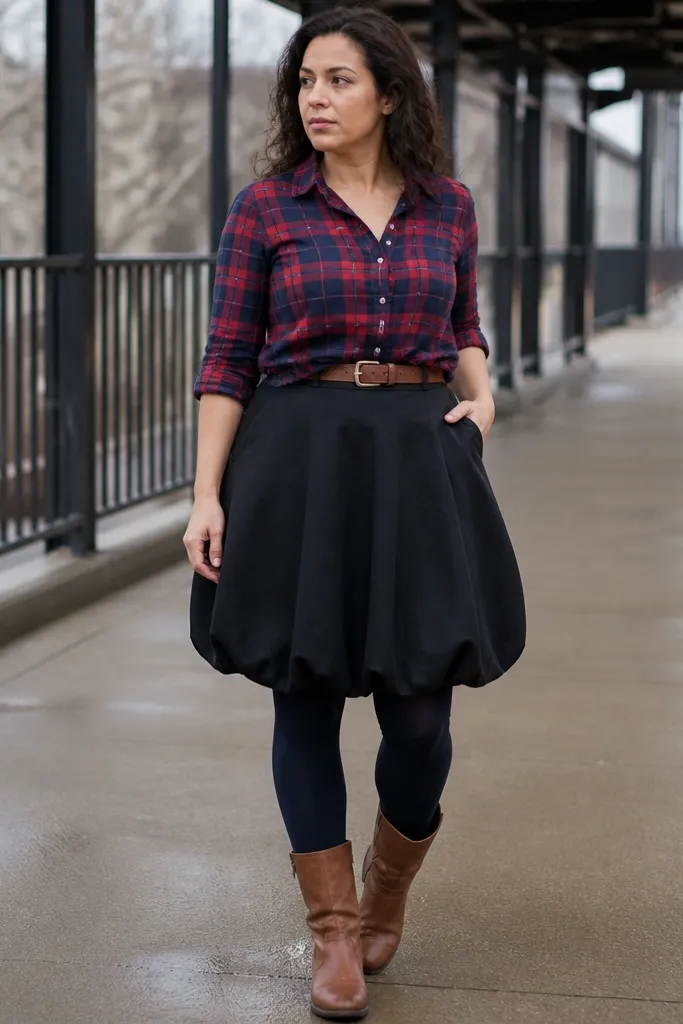 Black bubble skirt with red plaid flannel, tan boots, and a brown belt