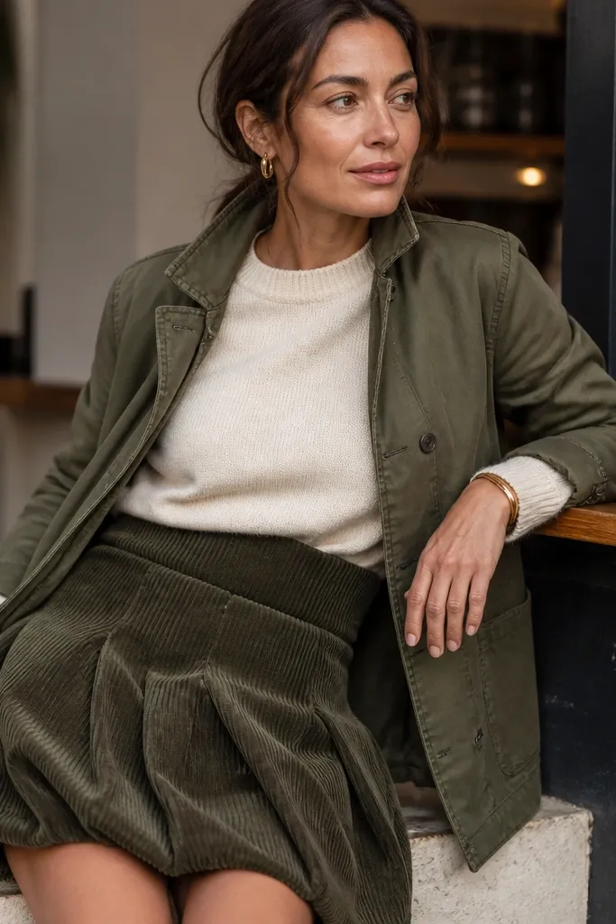 Olive corduroy bubble skirt with cream sweater and olive field jacket