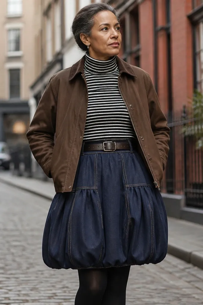 Navy denim bubble skirt with striped turtleneck and brown barn coat