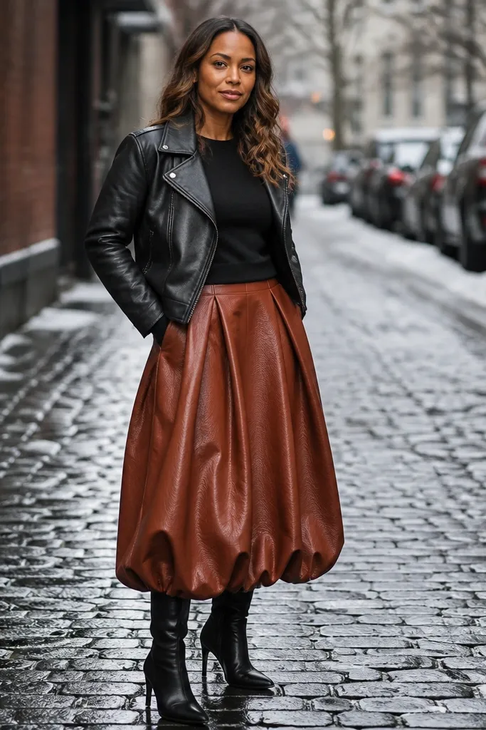 Rust bubble skirt with black crewneck and black moto jacket