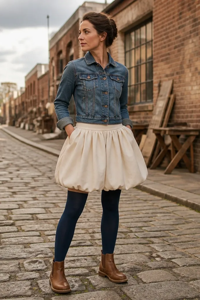 Cream bubble skirt with denim jacket and indigo tights