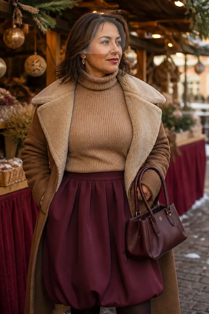 Burgundy bubble skirt with camel turtleneck and coat with shearling collar