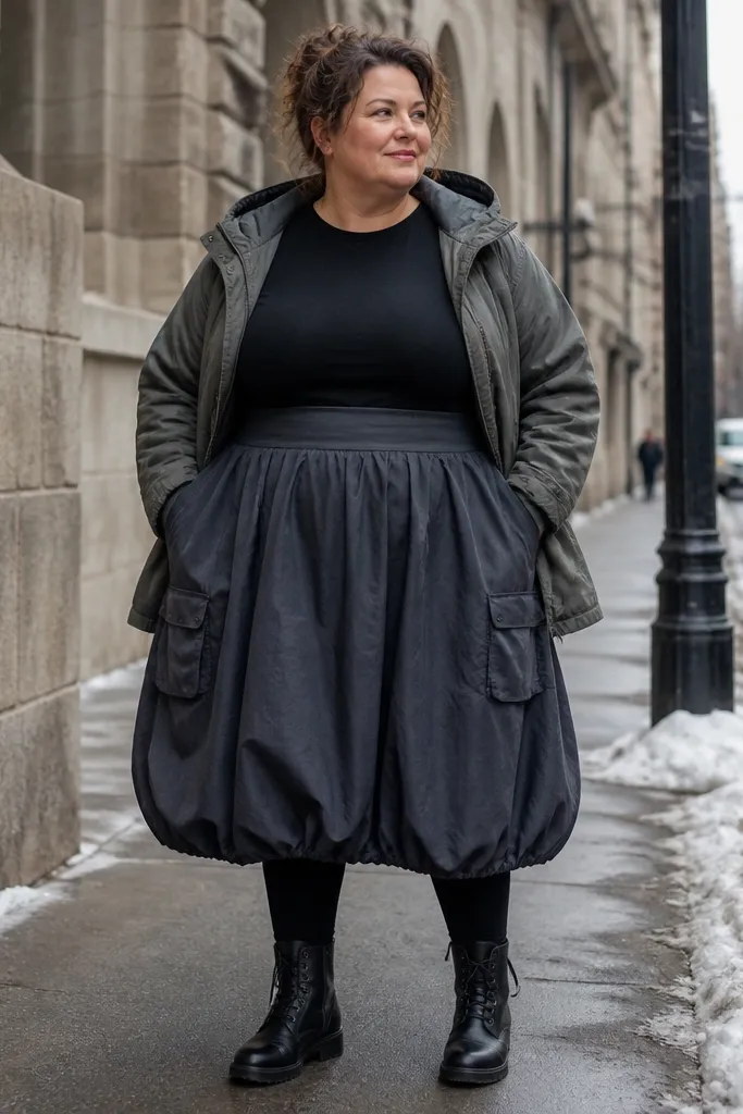 Charcoal bubble skirt with fitted black long-sleeve and utility parka