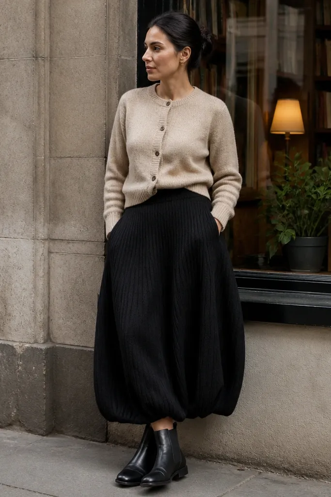 Black knit bubble skirt with oatmeal cardigan and flat ankle boots