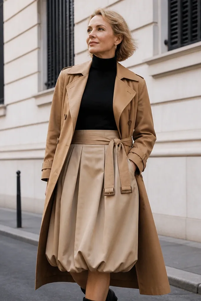 Sand twill bubble skirt with black turtleneck and long trench coat