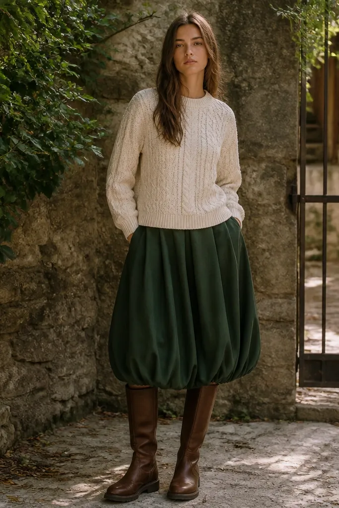 Forest green bubble skirt with cream fisherman sweater and brown boots