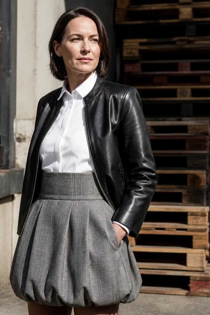 Gray plaid bubble skirt with white blouse and cropped leather jacket