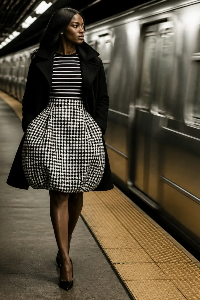 Houndstooth bubble skirt with fitted striped shirt and black boots