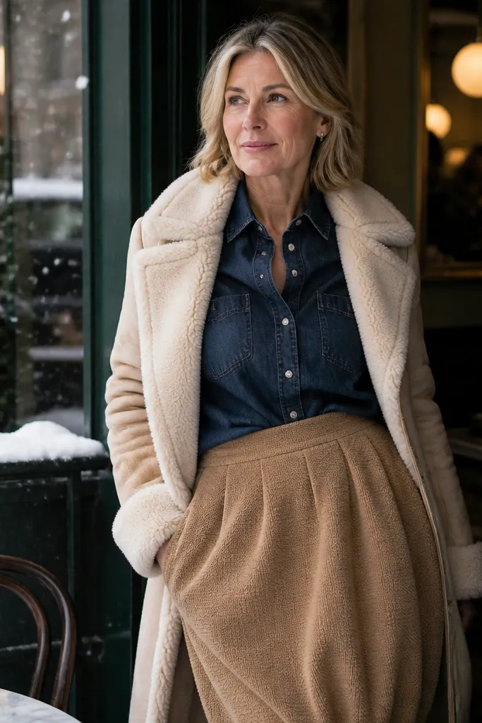 Camel knit bubble skirt with navy denim shirt and shearling-lined coat