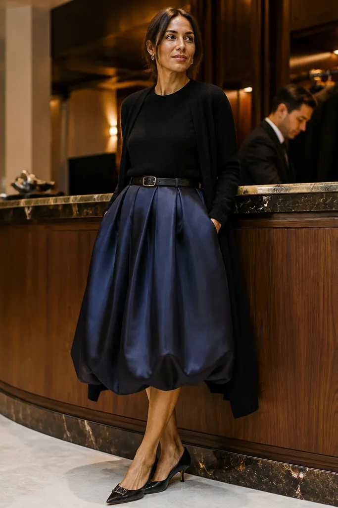 Midnight blue bubble skirt with matte black sweater and long cardigan
