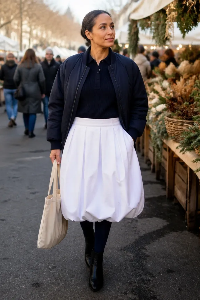 White denim bubble skirt with navy knit polo and dark bomber jacket