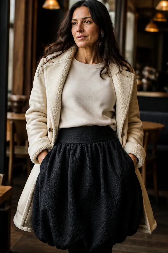 Black bubble skirt with oatmeal sweatshirt and coat with shearling trim