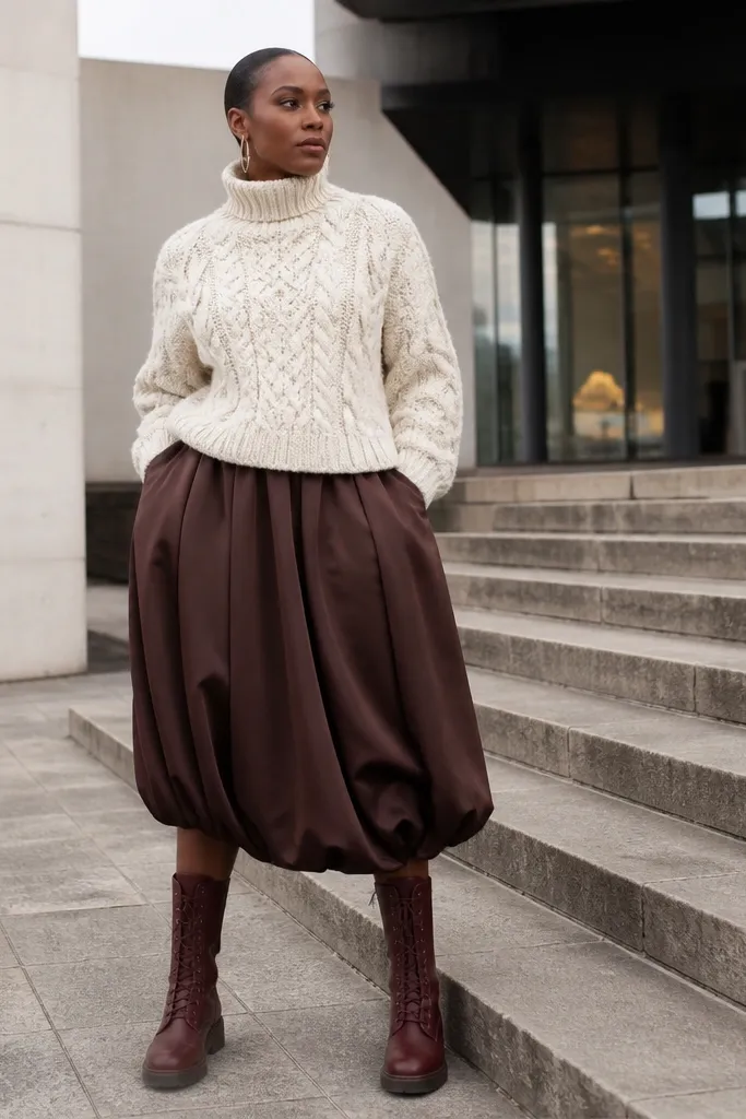 Chocolate satin bubble skirt with ivory cable turtleneck and oxblood lace-up boots