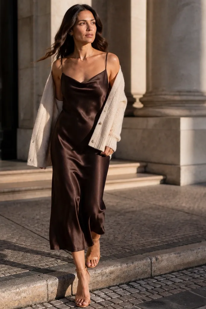 Chocolate slip dress with cream cardigan and tan strappy heels