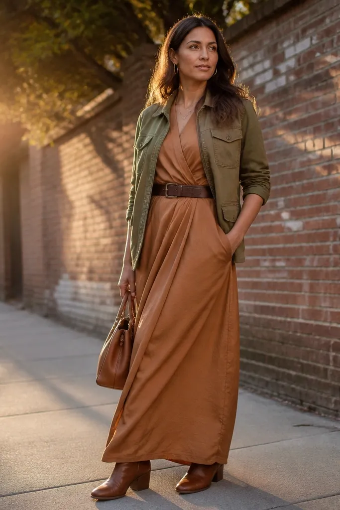 Caramel wrap maxi dress with dark belt and olive utility jacket