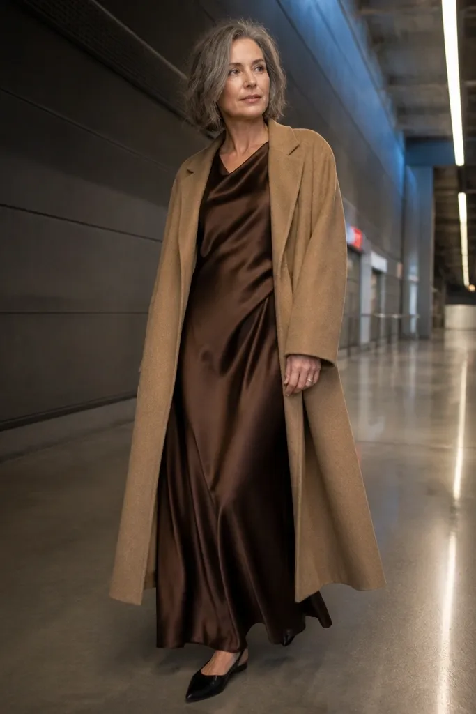 Espresso satin maxi dress with camel overcoat and black pointed flats