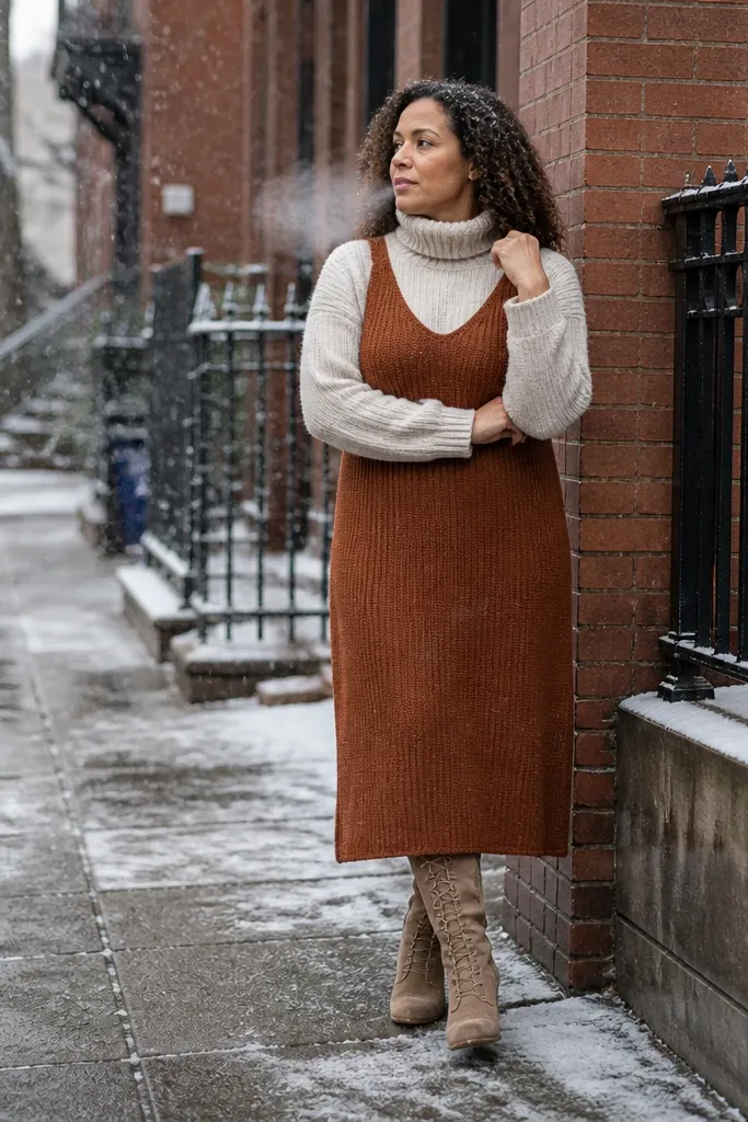Terracotta-brown knit maxi layered over an oatmeal turtleneck with tan knee boots