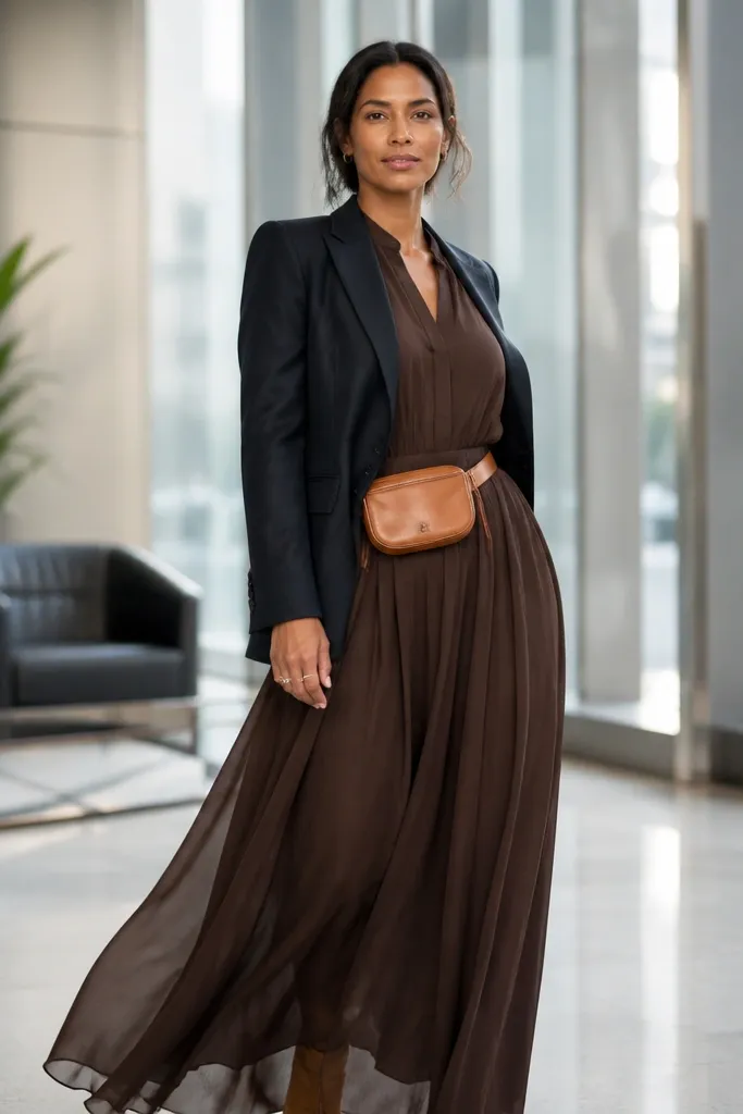 Dark brown chiffon maxi with navy blazer and cognac belt bag