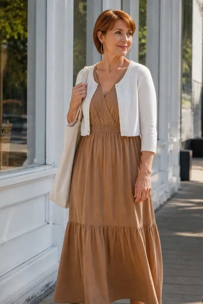Light caramel maxi with white cropped cardigan and gold hoops