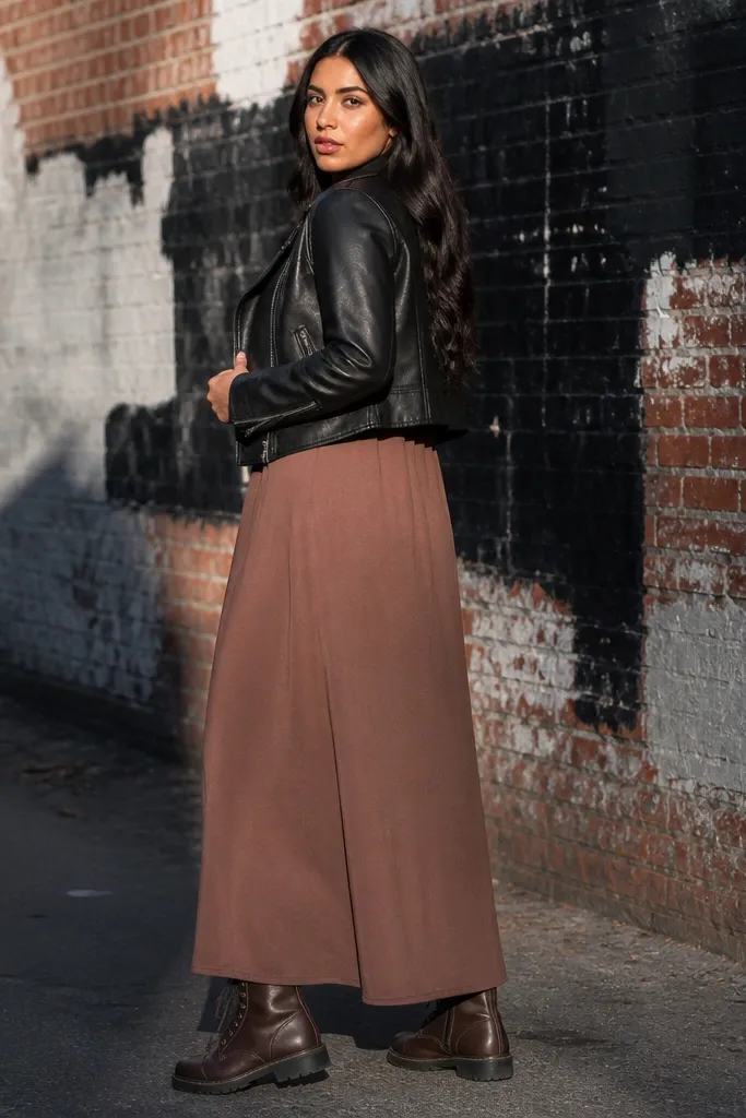 Mocha t-shirt maxi with black leather jacket and brown combat boots