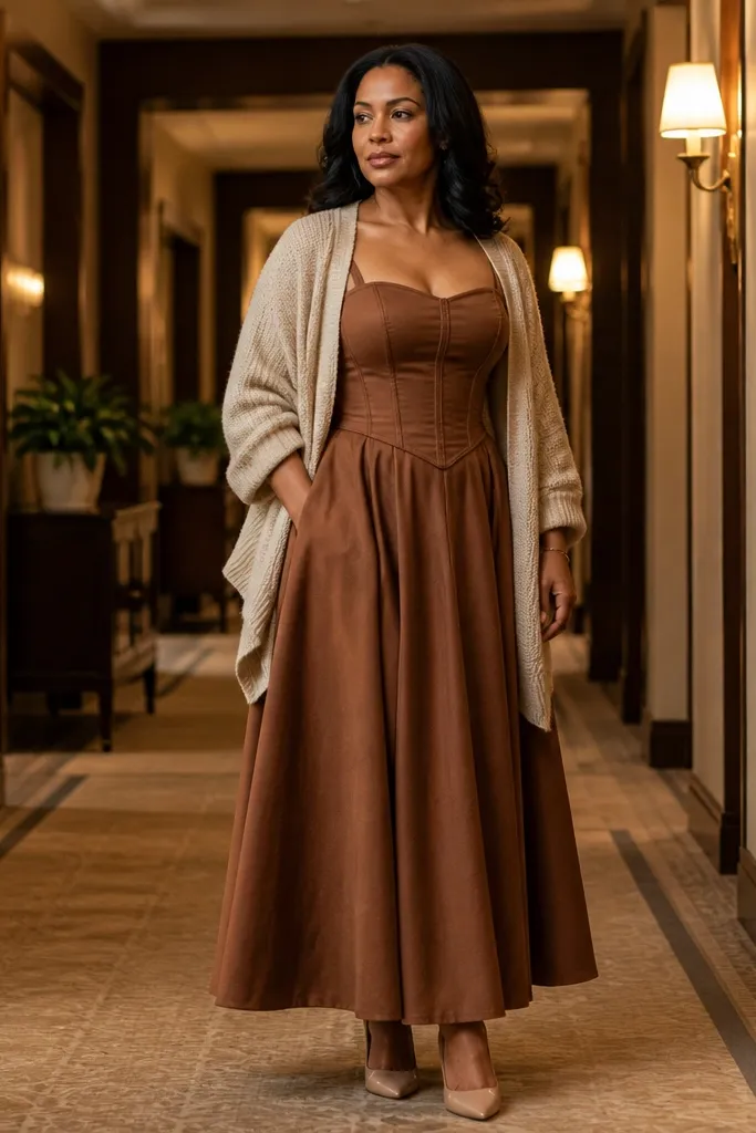 Saddle brown corset maxi with oatmeal wrap cardigan and nude pumps