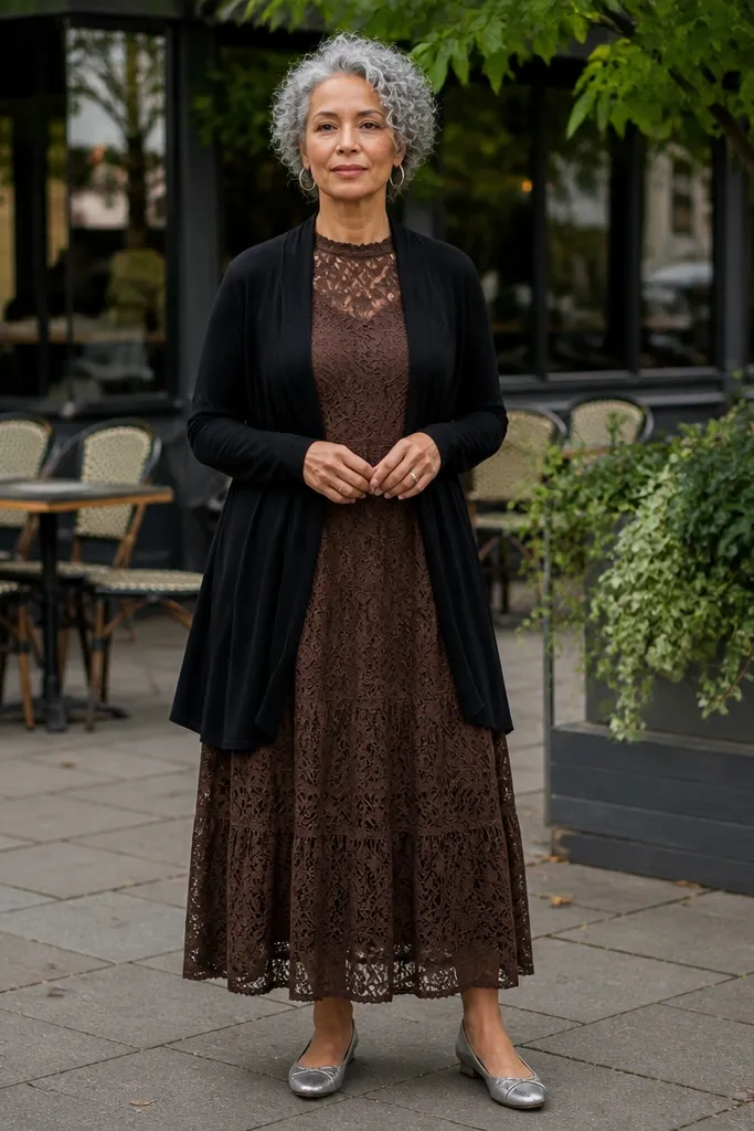 Cocoa lace maxi with black longline cardigan and silver ballet flats