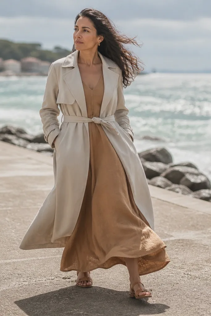 Caramel linen maxi with light trench coat and tan leather sandals