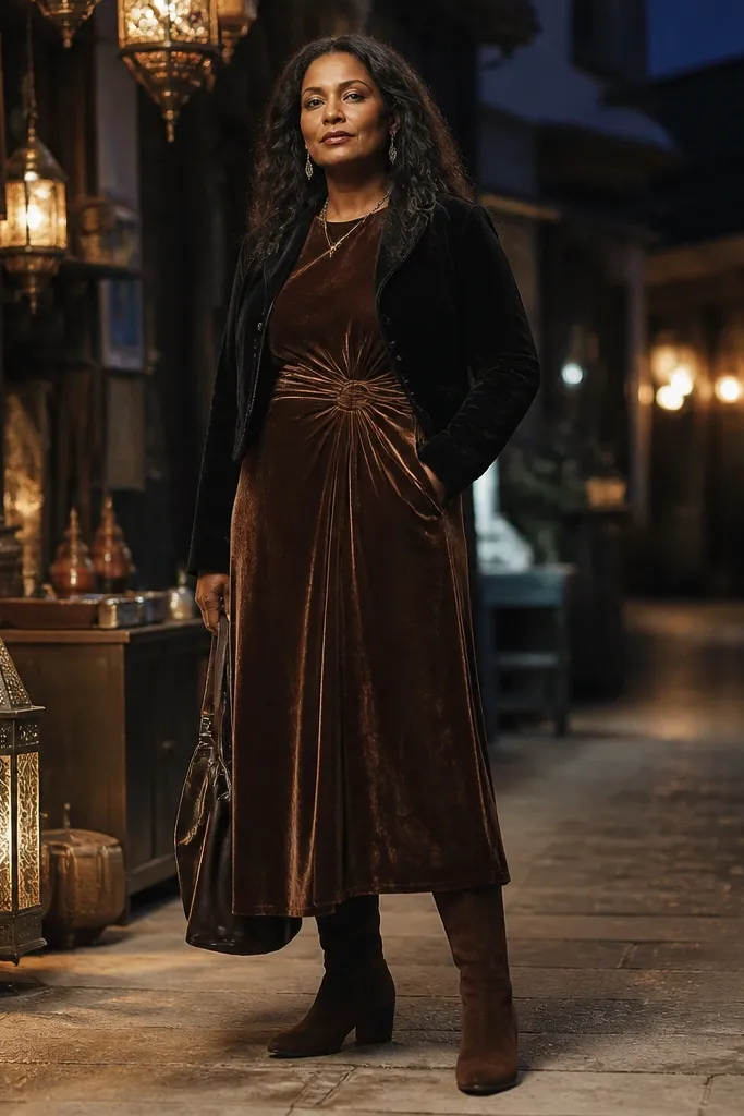 Brown velvet maxi with cropped black jacket and knee-high suede boots