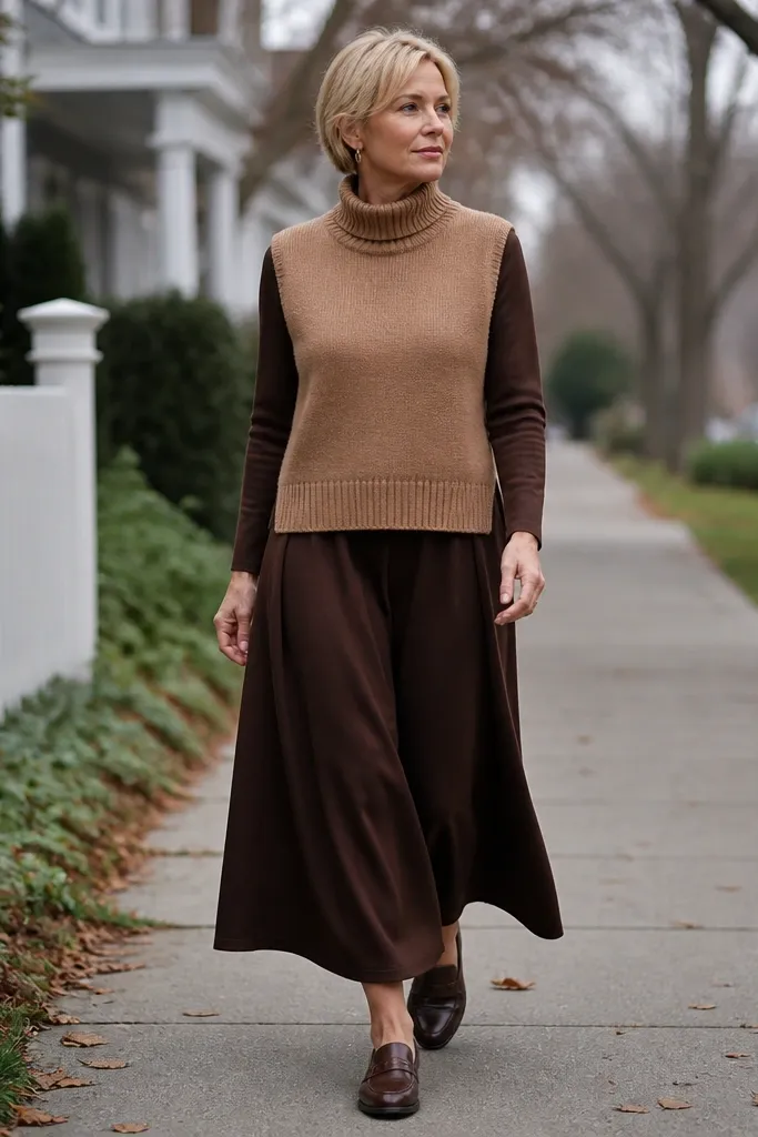 Warm espresso maxi with camel sweater vest and brown loafers