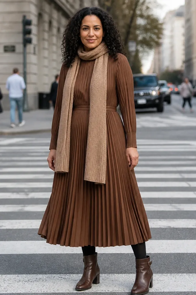 Moka brown pleated maxi with black tights and long camel scarf