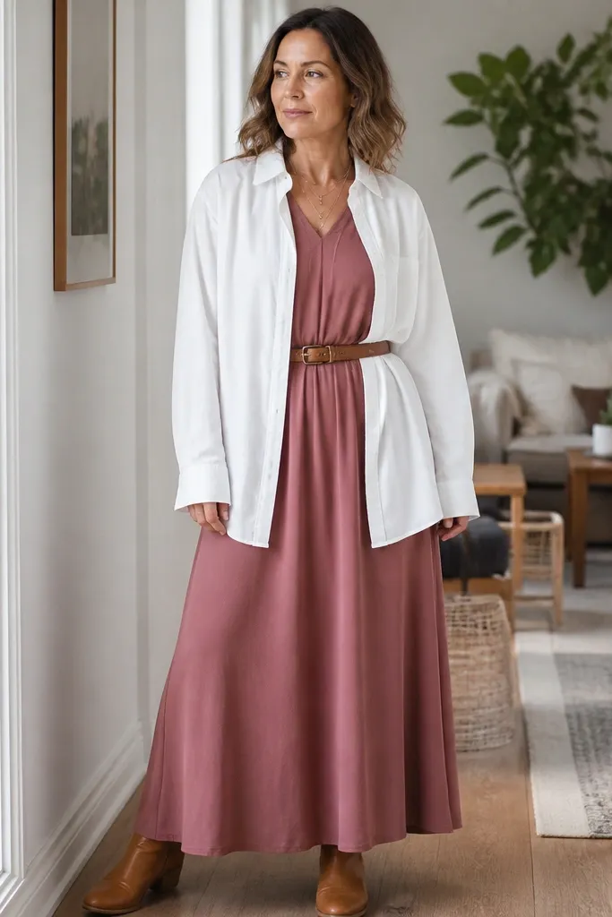 Rose-brown maxi with white button-up and brown belt and tan ankle boots
