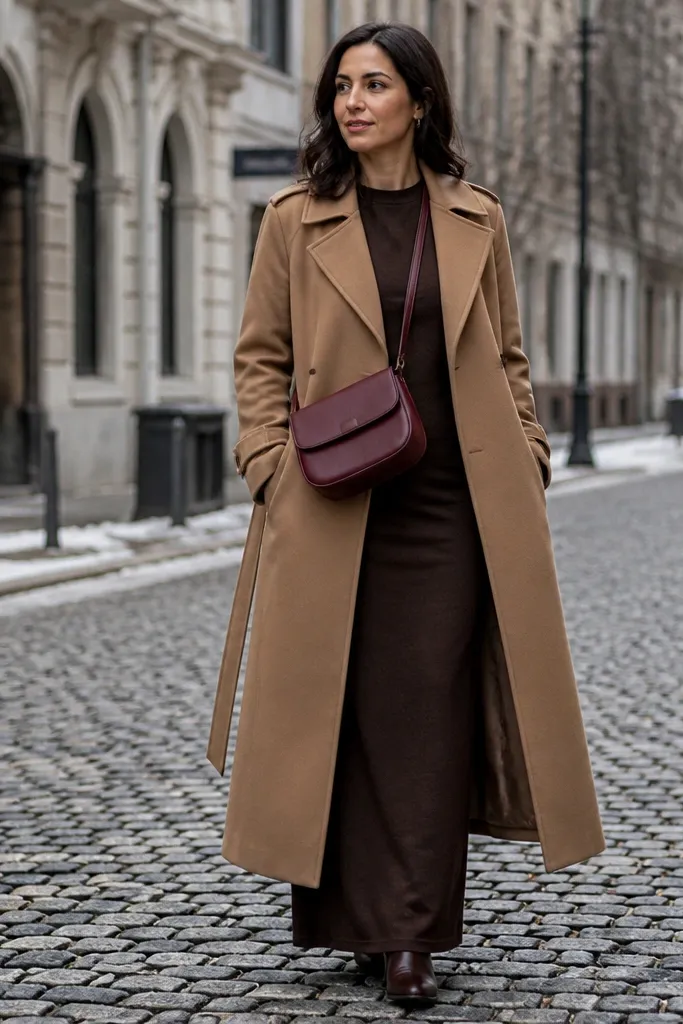 Dark brown maxi with camel trench and burgundy crossbody bag