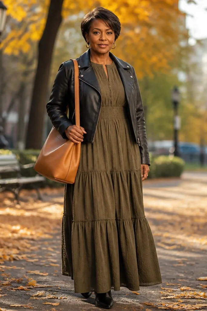 Olive-brown tiered maxi with black moto jacket and tan shoulder bag