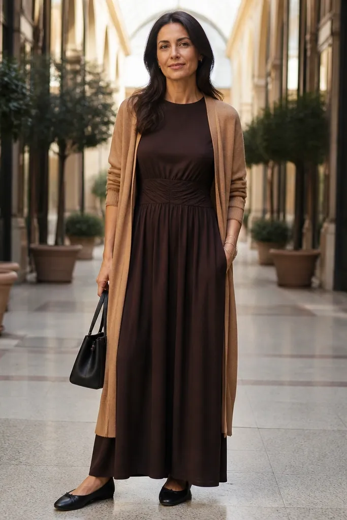Midnight brown maxi with camel long cardigan and black ballet flats