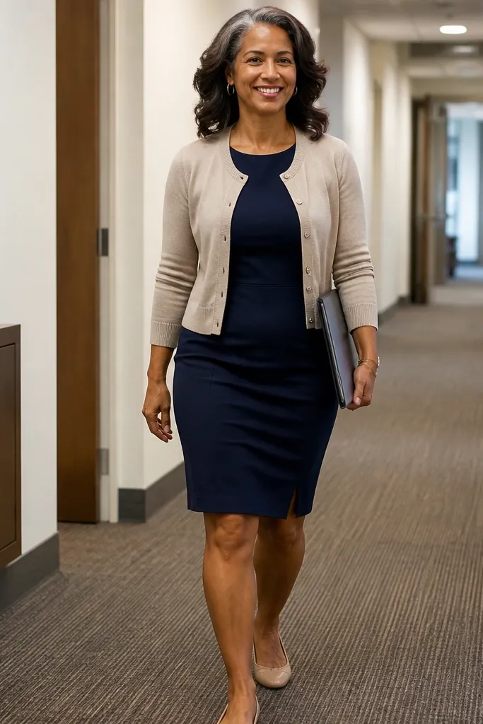 Navy sheath dress with cropped cardigan and nude flats