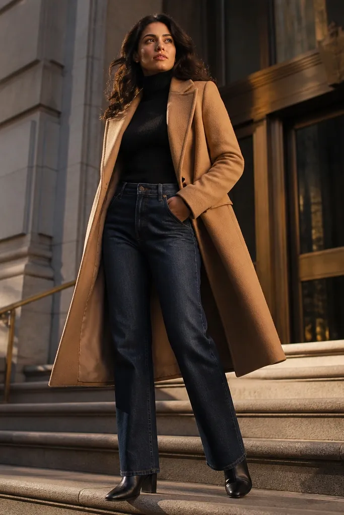 Camel long coat over black turtleneck with straight-leg jeans