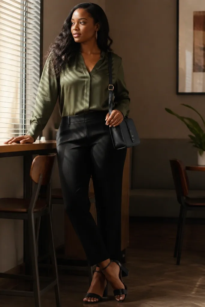 Olive blouse with black tailored trousers and block-heel sandals