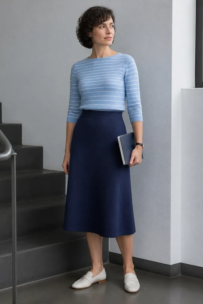 Light blue striped knit top with navy midi skirt and white loafers